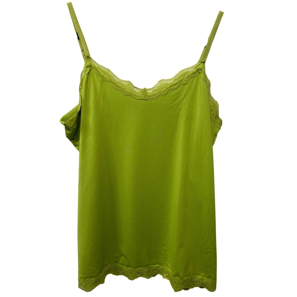 Vintage Y2K Lime Green Lace Trim Cami Tank Top XL Neon 90s Club Fairy Layer Bold